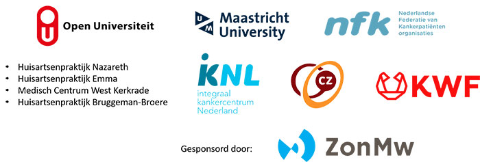 Logo's van Open Universiteit, Maastricht University, Nederlandse Federatie van Kankerpatiënten organisaties, Integraal Kankercentrum Nederland, CZ (zorgverzekeraar Centraal Ziekenfonds), KWF (Koningin Wilhelmina Fonds voor de Nederlandse Kankerbestrijding), Huisartsenpraktijken Nazareth, Emma, en Bruggeman-Broere, Medisch Centrum West Kerkrade, gesponsord door ZonMw
