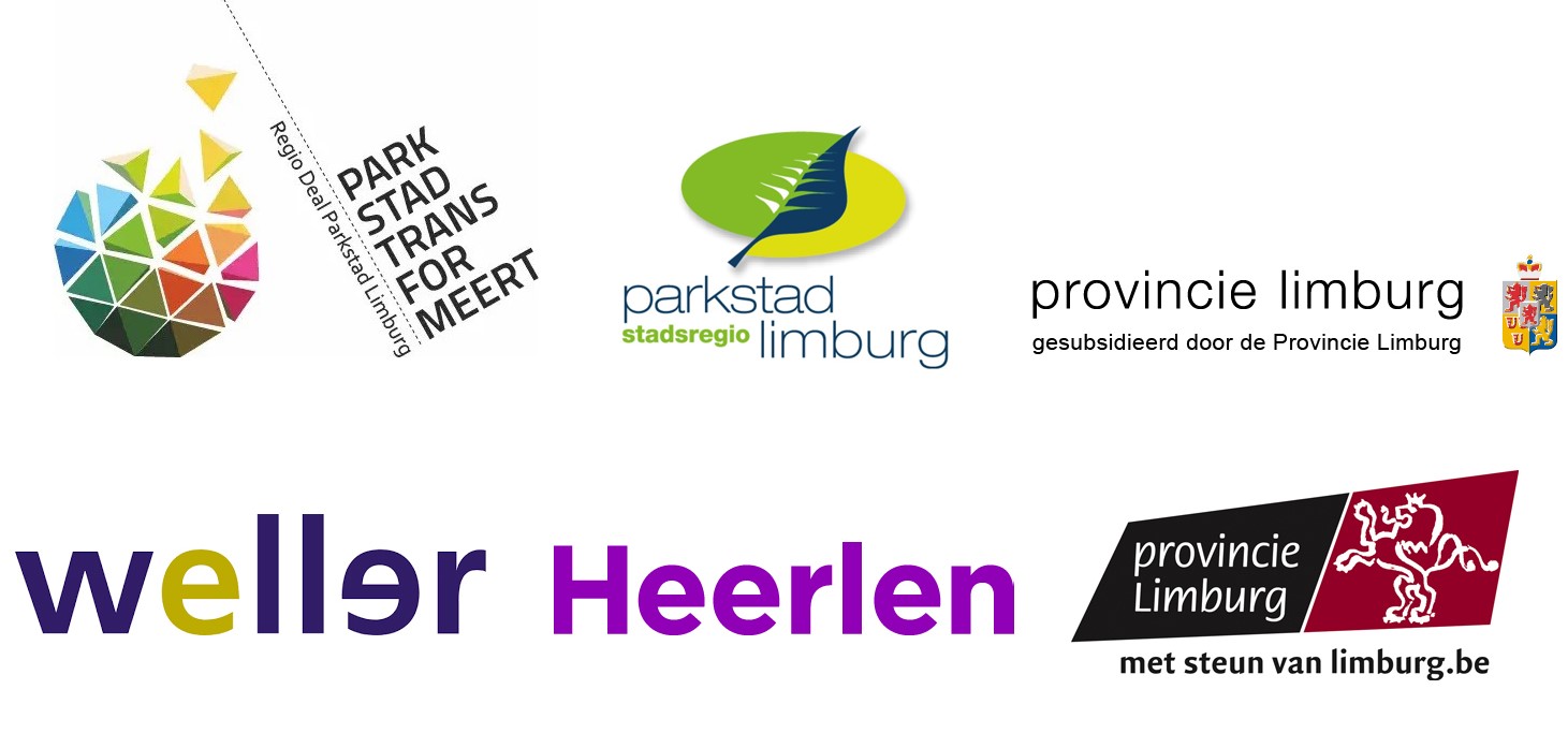 Logo's van het project Regio Deal Parkstad Limburg (Parkstad transformeert) en de financiers: de twee provincies Limburg, de stadsregio Parkstad Limburg, de Gemeente Heerlen en Stichting Weller Wonen